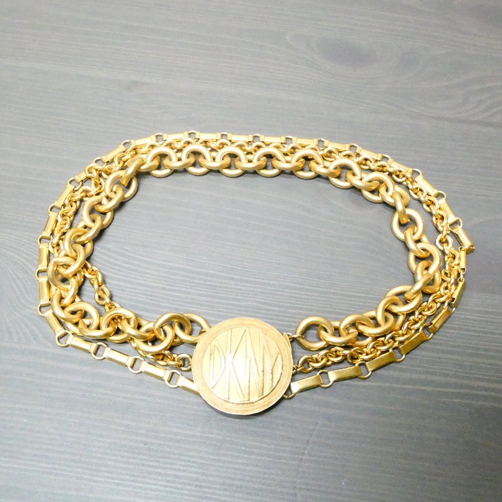 Vintage DKNY Chunky Three Strand Chain Gold Tone Statement Necklace 16" Choker